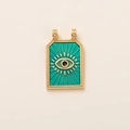 Macro detail of rectangle gold 18K evil eye pendant with green enamel and sunburst motif - Blue Eye Square Tag