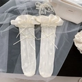White lace calf socks with satin ruffles, heart mesh pattern and ribbon bows - One Size / Beige