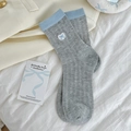 Japanese style grey rib-knit crew socks with blue bow embroidery for women - One Size / Medium Grey
