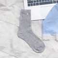 Light grey crew socks with white heart button detail and delicate ribbed knit texture - Shell Button (Gray)
