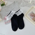 Sweet black crew socks with white lace trim and pink satin ribbon bow accents - One Size / Black