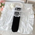 Sweet black mid-calf socks with white polka dot lace ruffles and black silk bows - One Size / Black