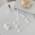 Cream white ballet style mesh socks with cute ribbon bows and vertical stripe texture - One Size / White