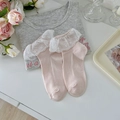 Pink ribbed Lolita socks with white lace floral embroidery and Japanese style cute design - One Size / Pink