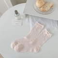 Sweet ballet style light pink crew socks with bow tie and pointelle knit mesh pattern - One Size / Pink