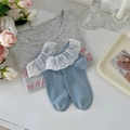 Blue ribbed girl socks with white lace ruffle edges and delicate hollow embroidery - One Size / Blue