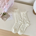 Sweet cream white mid-calf socks with wavy knit texture and elegant ruffled wood ear edge - One Size / White