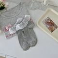 Grey ribbed baby outfit set featuring pink bow and white lace trim on matching socks - One Size / Gray