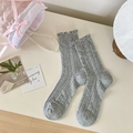 Light grey crew socks with hollow knit patterns and sweet ruffled edges for women - One Size / Gray
