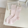 Light pink knit mid-calf socks with vertical stripes and delicate pointelle texture - One Size / Pink