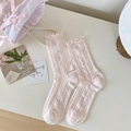 Sweet light pink crew socks with hollow mesh pattern and ruffled edges for women - One Size / Pink