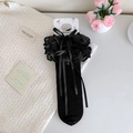 Black Lolita calf socks featuring layered lace ruffles and elegant ribbon bows - One Size / Black