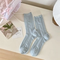 Light blue mesh knit crew socks for women featuring ruffled edges and hollow-out patterns - One Size / Blue