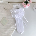 Sweet white Lolita calf socks featuring double lace ruffles and long silk ribbon bows - One Size / White