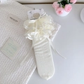 White Lolita lace socks with double-layered organza ruffles and silk ribbon bow accent - One Size / Beige