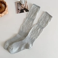 Japanese style light grey knee-high slouch socks with vertical ribbed knit texture - One Size / Gray