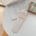 Beige ballet style mesh crew socks with hollow floral pattern and ribbed cuffs - One Size / Pink