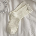 White twist knit mid-calf socks with elegant silver metal bow charm accessory - One Size / Creamy White