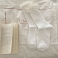 Japanese style white ribbed crew socks featuring lace trim and silk satin bows - One Size / White