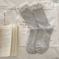 Japanese style light gray ribbed knit socks with white lace trim and ribbon bow - One Size / Gray