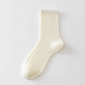 Lace hollow heart pattern mid-calf socks in cream white with ribbed cuffs for women - One Size / Creamy White