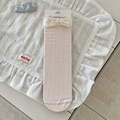 Pink baby crew socks with beige lace bow and breathable vertical stripe knit - One Size / Light Pink