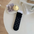 Sweet ballet style black crew socks with silver bow jacquard and lettuce edge trim - One Size / Black