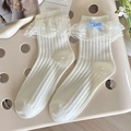 White Lolita lace socks featuring a blue checkered bow and vertical ribbed texture - One Size / Plaid Bow