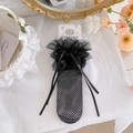 Eleganti calze a rete in pizzo nero con bordi in tulle e fiocchi decorativi in seta - Taglia unica / Nero