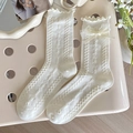 Lolita style cream white cotton blend mid-calf socks with lace bow and textures - One Size / Rolled Edge Lace