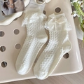 White Lolita calf socks featuring delicate lace trim and large satin bows in soft knit - One Size / Cable Knit Patchwork