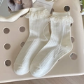 White Lolita lace socks with silk ribbon bow and vertical stripe knit texture - One Size / Fine Stripe Ribbon