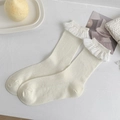Creamy white crew socks with delicate chiffon lace trim and vertical ribbed texture - One Size / White Lace Trim