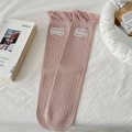 Japanese style dusty rose ruffled socks with vertical stripes and stylish patch - One Size / Pink