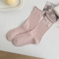 Pink ribbed ankle socks with white lace trim and rolled edges for women in sweet style - One Size / Pink