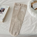 Ribbed oatmeal melange mid-calf socks with sweet ruffled cuffs and embroidery patch - One Size / Khaki