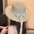 Women's summer straw sun hat with raw edge and elegant yellow bow ribbon - Beige Raw Edge Straw Hat (D-322)