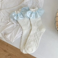 White crew socks featuring heart-shaped knit patterns and light blue satin ruffle trim edges - One Size / White with Blue Ruffle