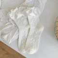 Sweet cream white calf socks with lace ruffle cuff and knit heart patterns - One Size / White with White Ruffle