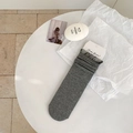 Dark grey lace-trimmed crew socks with white speckle pattern and sheer mesh edges - One Size / Dark Gray