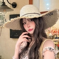 Beige wide brim straw sun hat with frayed edges and black letter embroidery detail - Beige Raw Edge Letter Straw Hat (D-378)