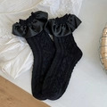 Sweet black mid-calf socks with satin ruffled edges and heart cable knit pattern - One Size / Black with Black Ruffle