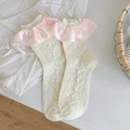 Creamy white crew socks with pink satin ruffle trim and heart pattern jacquard - One Size / Beige with Pink Ruffle
