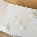 White ribbed crew socks for women featuring sparkling silver rhinestone side embellishments - One Size / White