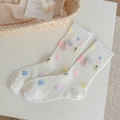 Cute cartoon puppy white mesh breathable crew socks for women in soft summer style - White with White Edge (Bear Style)