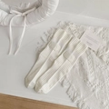Creamy white ribbed knit mid-calf socks with vintage fabric label decoration - One Size / White