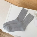 Fashionable grey ribbed socks for women with white shimmering rhinestones in a crew length - One Size / Gray