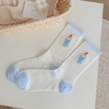 White and blue mid-calf sock featuring an embroidered cartoon ice cream pattern - White with Blue Edge (Ice Cream Style)