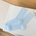 Fashionable light blue ribbed crew socks with sparkling rhinestone decorations - One Size / Blue