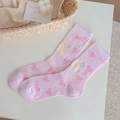 Pink mesh mid-calf socks with cute bow and chick patterns for a kawaii summer look - Pink (Bow Style)